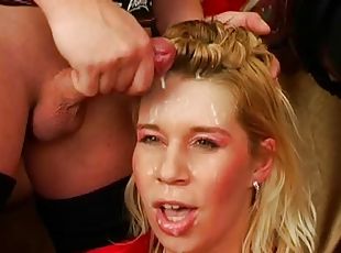 half the hockey team fucks this blonde and showers her with cum