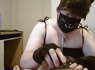 Chubby femboy cat plays with cock and gets milk