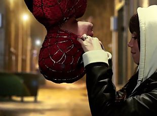 Affectionate babe giving spider man superb blowjob in parody shoot outdoor