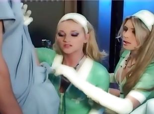 Blonde nurses in latex lingerie and gloves fucking