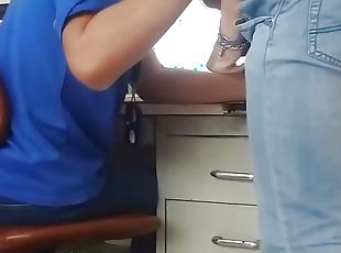 Sucking straight coworker while boss is outside 