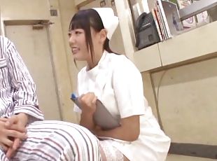 Hairy Japanese nurse pussy sits on his rock hard dick
