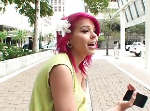 Pretty girl with pink hair gives a handjob and gets rammed