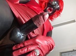 Sissy Glovecum 015 - Red leather gloves sissy and her sperm fountain