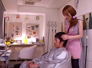 Japanese barber Rin Sakuragi gives a handjob to her client