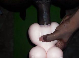 Black cock stretches small white doll
