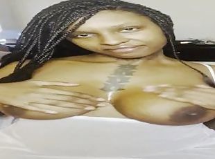 SEXY EBONY SPITTING ON HER FULL SIZED C CUPS & LICKING IT OFF