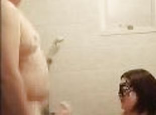 G-cup busty college girl washes a man's body with her breasts and gives him a blowjob to make him cu