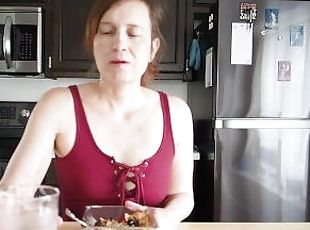 Aurora Willows asmr  eating breakfast in red bodysuit