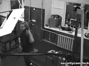 Sexy blond babe drops out her tits and gets in the security camera