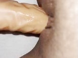 Wet pussy with lube trying to push through the virgin ftm pussy