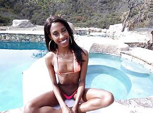 Skinny black chick Adriana Malao gets her mouth and vag banged outdoors