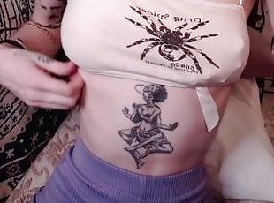 bröstvårtor, orgasm, smal, fru, naturlig, ensam, tatuering