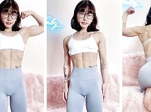 Adorable petite and nerdy Asian muscle girl flexes for you in leggings