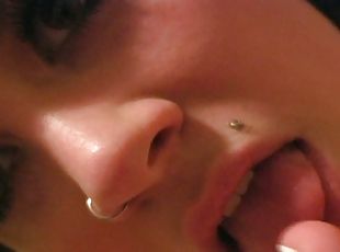 Foot fetish brunette with nose piercing enjoys sucking her toes