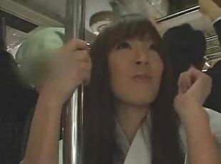 Japanese girl takes cumshots on the bus