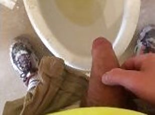 Construction worker pissing in the toilet