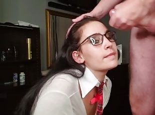 Nerdy slut gets her eye glasses covered in cum after repeatedly sucking and jerking off cock