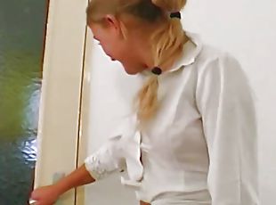 Magnificent German blonde gets banged by three hard cocks