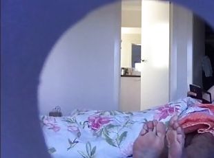 Candid feet caught in bed - Long hairy male legs - MANLYFOOT