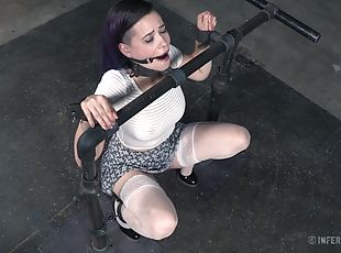 Naughty purple-haired chick getting punished with some spanking