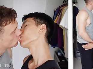 asiatisk, blandade-raser, gay, par, kyssar, europeisk, euro, kinesisk, vit, twink