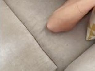 I come to wake her up on the sofa so that she sucks me  and I cum on her legs