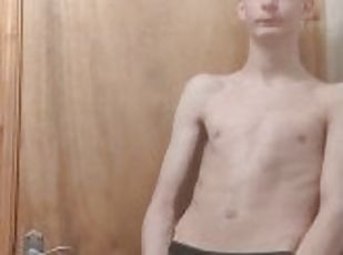 Very very skinny teen undresses in the bathroom and then shows off his skinny perfect body