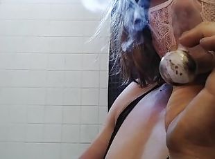 Sissy slut blows clouds and wanks