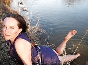 Wind Shivers My Nipples Hard As I Get Wet In Old Ripped Dress At Farm Pond