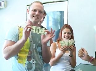 Redhead cutie rides a cock for money in the presence of her GFs