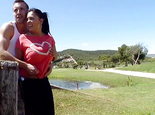 Busty Jasmine Black rides a dick and gets facialed in a park