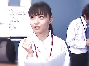 Japanese nurse Aino Kishi drops on her knees to suck a dick