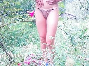 Naughty girl Pissing on groving rose flowers in the garden - Angel Fowler