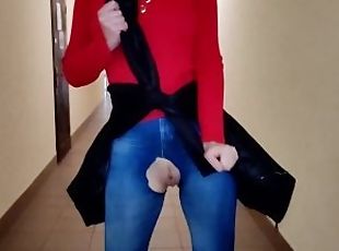 Alice walks down the office corridor in jeans with a hole in her pussy without panties