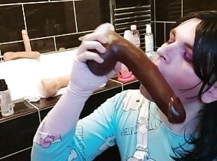 White femboy learns his place, deepthroating bbc dildo while masturbating