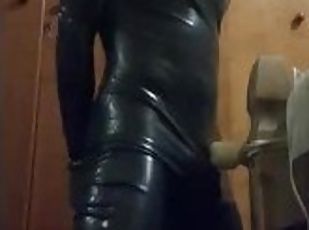 Wand edging torture while in chastity, hooded and plugged in full latex