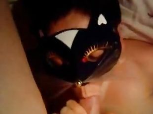 Masked Amateur Sucking Cock and Getting Cum on Her Face and Boobs