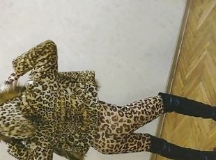 Asian Sissy Ladyboy In Sexy Leopard Coat And Leopard Suit And In High Heels Showing Her Sexy Body