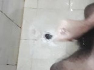 Hairy jerking off cumshot white load in the shower