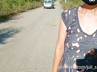 Cute girl with ponytail walk in transparent dress