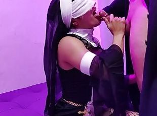 Filthy nun receives an unexpected visit  Sexy costume  Halloween  Role Play