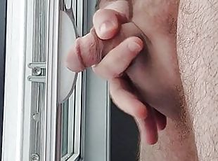 Small dick Cumming from second stair window