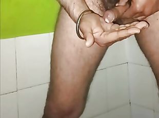Indian middle age man use toilet brush and masterbate 
