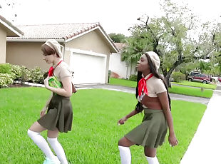 Ambitious girl scouts Alina Belle and Tori Montana distract rich neighbor to steal wad of cash