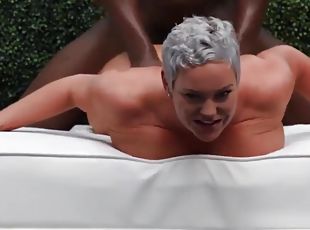 Interracial threesome outdoors with busty mature slut - big ass and big natural tits