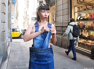 Naughty Russian MILF upskirts & flashing outside in Barcelona, Spain - Big natural tits