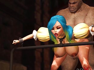 Big monster bangs a cuffed fantasy girl elf in the dungeon -2