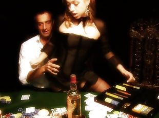 Three poker players put a brunette on table to fuck her