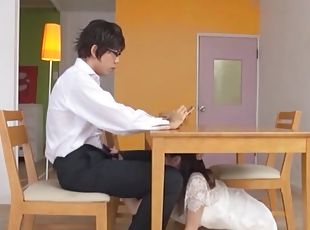 Kinky Japanese chick drops on her knees to give a sloppy blowjob